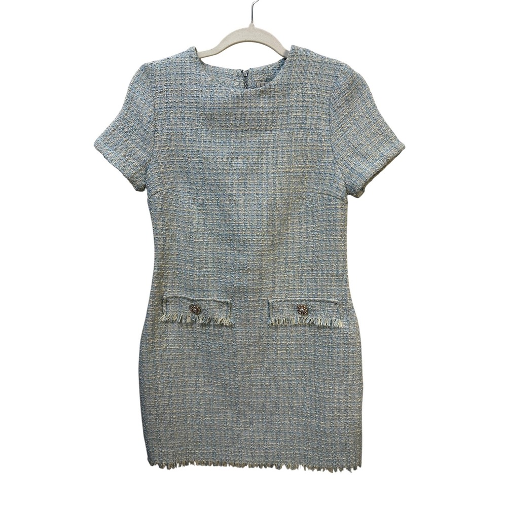 Bebop Womens Blue Tweed Short Sleeve Shift Dress Fringed Mini Size M